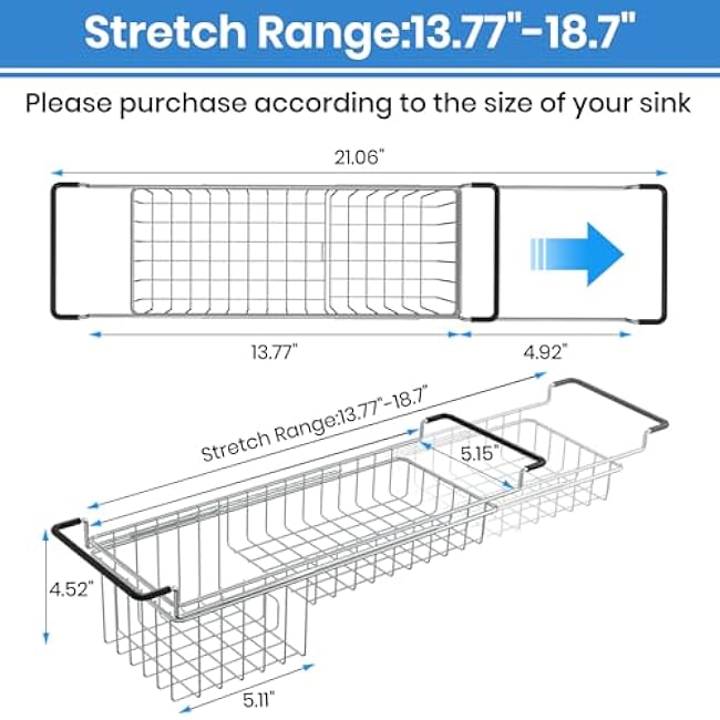 TreeLen Sink Caddy Sponge Holder Kitchen Sink Organizer Sponge Caddy Expandable 16.3 to 21 Farmhouse In-sink Accessories for Rag Detergent Brush Dish Washing Liquid Rack, Stainless Steel