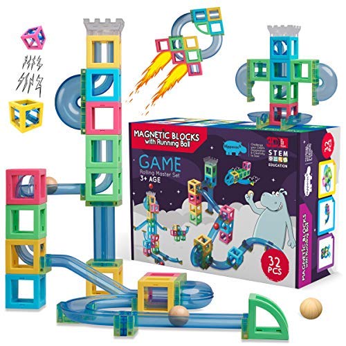 Hippococo Magnetic 3D Building Blocks with Marble Run Game: New Innovative STEM Educational Toy for Boys/Girls, Durable, Sturdy & Safe Construction Set, Promote Kids Creativity & Imagination (32 PCS)