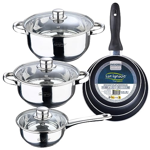 San Ignacio Juego de 6 pc batería de cocina + set 3 sartenes (16/20/24cm) aluminio prensado navy paradise