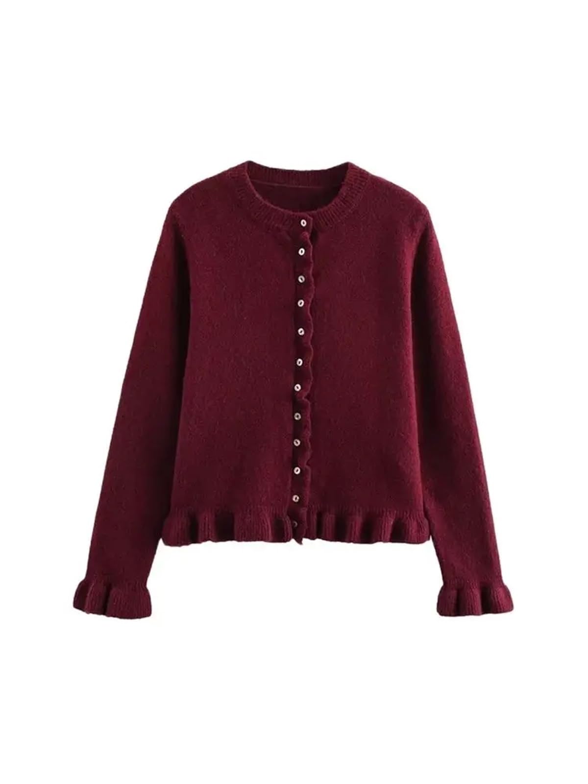 Cárdigan para Mujer Cárdigan de Punto con Volantes for Mujer, suéter Elegante Cuello Redondo, Manga Larga y Botones Delanteros, Prenda Exterior