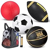 Lenwen 4 Pcs Sports Balls Set, Include Official Size Basketball Soccer Football Playground Ball Pump Equipment Bag for Teen Adult Gift Operation Christmas Ball Gifts(Black Gold)