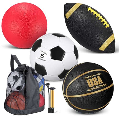 Lenwen 4 Pcs Sports Balls Set, Include Official Size Basketball Soccer Football Playground Ball Pump Equipment Bag for Teen Adult Gift Operation Christmas Ball Gifts(Black Gold)