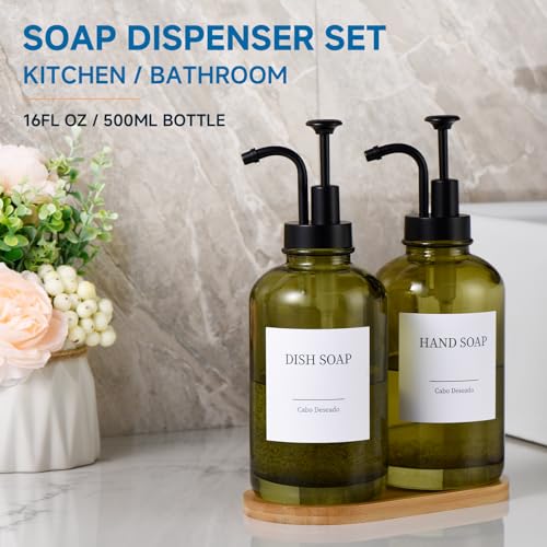 Image of Glass Soap Dispenser with Pump, Dish and Hand Soap Dispenser for Kitchen Bathroom Set, Clear Glass Dispenser Set of 2 Pack with 18 Stickers Funnel Bamboo Tray 500ml 18oz Green