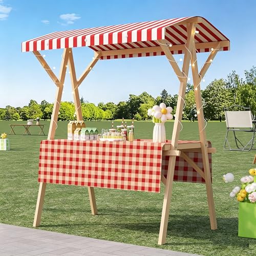 Carrito de Venta Exterior con Toldo y Ruedas, Puesto de Mercado Plegable de Madera, Stand Móvil para Street Food, Mercados, Festivales y Eventos al Aire Libre Red Plaid 150cm/59.0in