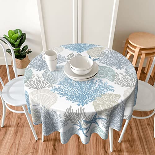 Nautical Coastal Tablecloth Round 70 Inch Summer Beach Starfish Coral Seashell Print Decorative Table Cloth Table Cover With Waterproof Wrinkle Resistant Fabric For Home Kitchen Dining Patio #TOP6