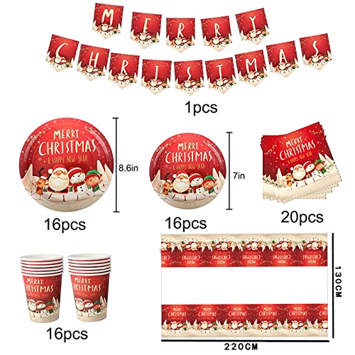 Christmas Party Tableware Set 16 Guests,Xmas Table Decorations Disposable Dinnerware Set Plastic Tablecloth Napkin Christmas Banner Paper Plates and Cups for Christmas Party Supplies Tableware Decor — photo 2
