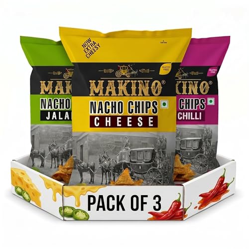 Image of Makino Nachos Chips Combo Pack (150g x 3) | Jalapeno, Cheese & Sweet Chilli Flavors | Crunchy Corn Nachos for Dip & Party Snack