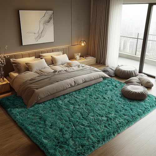 Zentavio Dark Green Area Rugs for Living Room Emerald Green Rugs for Bedroom 8x10 Fluffy Fake Grass Large Carpet for Kids Room Playroom Furry Shag Aesthetic Soft High Pile Washable Home Decor