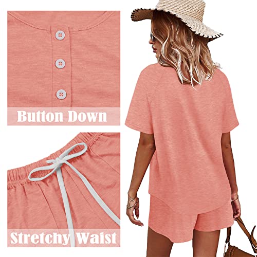 Image of WIHOLL Two Piece Outfits for Women Lounge Sets Button Down Top and Shorts Set Sweatsuits with Pockets