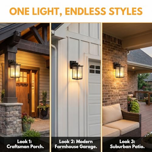 Image of 2 Pack Dusk to Dawn Outdoor Lighting, Modern Wall Sconce with Textured Glass, Waterproof IP65 Exterior Light Fixture, Soft Glow Warm Ambiance for Front Door Porch Garage, 10.6 Inch Height, Black