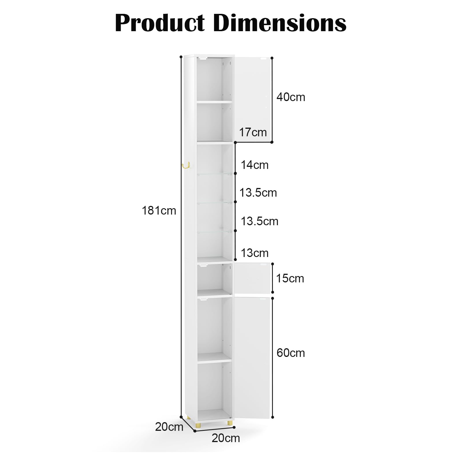 GIANTEX Colonna Bagno Alta, Ripiano in Vetro Temperato, Luce a 3 Colori, Piccolo Mobile di Stoccaggio Bagno, 2 Ante, 1 Cassetto, per Soggiorno, Ufficio, 20 x 20 x 181 cm(4Ripiano-2, Bianco)