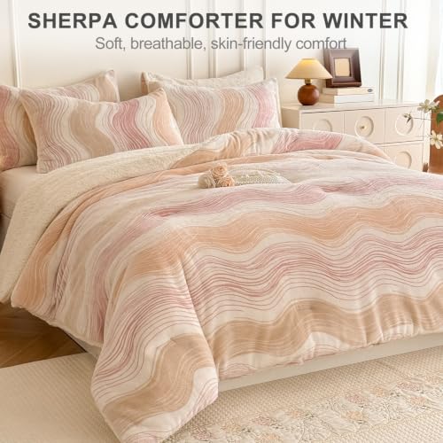 Image of Tufted Fleece Comforter Set Queen- Super Soft Warm Fluffy Shaggy Bedding Sets, Wavy Lines Jacquard Bed Set for Winter, 1 Sherpa Comforter with 2 Pillow Cases (90 inchX90 inch Pink Wavy)