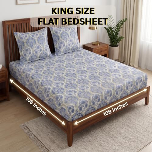 Image of Mafatlal 186 TC Grace King Size Cotton Bedsheet | 108 x 108 Inch | Lightweight & Breathable Bed Linen Set with 2 Pillow Covers | Baja Blue