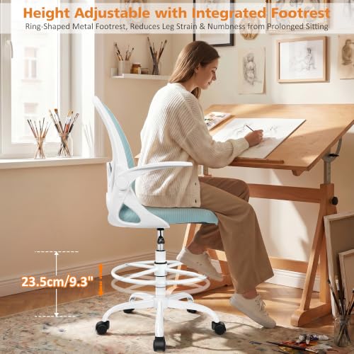 Image of Drafting Chair Tall Office Chair with Flip-up Armrests, Adjustable Height, and Enhanced Lumbar Support - Ergonomic Rolling Stool, Back Support, and Adjustable Foot Rest Ring Light Blue