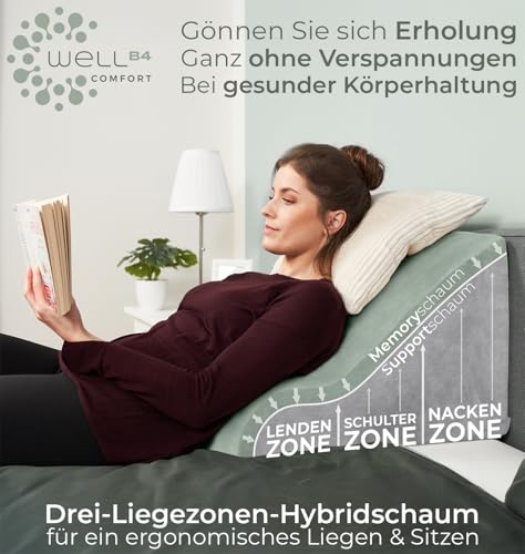WELL B4 Ergonomisches Lesekissen für Bett und Sofa – Bequemes Rückenkissen mit Memory Foam – Verwendbar als Reflux Kissen, Keilkissen Bett, Bettkissen Rückenlehne im Sitzen und Liegen, GRAU