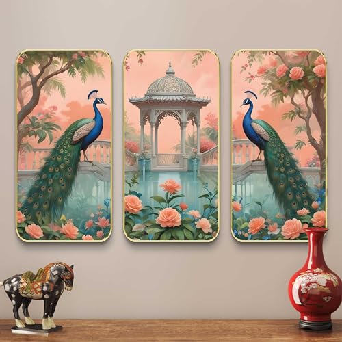 Image of Livin'luxe Set of 3 couple Peacock modern art Boho painting Premium Framed Laminated Wall paintings for living room, bedroom, home decoration, wall decoration 20 inch x 30 inch SP-34