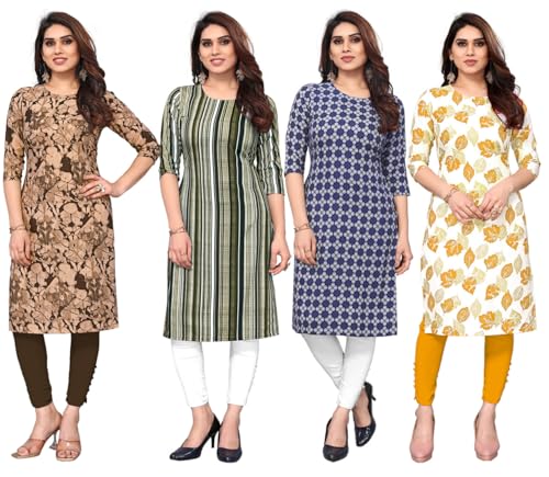 Image of JAKHANA Women's Crepe Printed Casual Straight Calf Length Round Nick Kurta Pack of 4