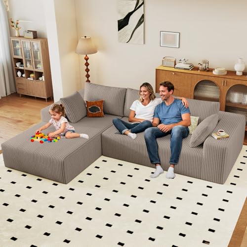 Image of 96 inch Modular Sectional Couch, Boneless L Shaped Cloud Sofa with Chaise Lounge, Corduroy Upholstered Couches Memory Foam Deep Seat, No Assembly Required, Ideal for Living Room(Camel, Left Facing)