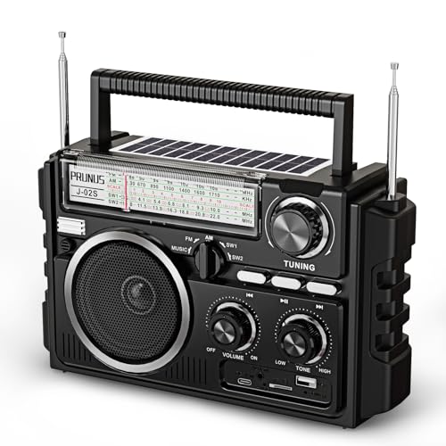 PRUNUS J-02 AM/FM/SW Weltempfänger Radio Klein Solar Radio mit Akku 1800mAh oder D-Zellen Batterien Transistorradio mit Zwei Antennen Kofferradio unterstützt Bluetooth 6.0/TF-Karte/USB Spielen.