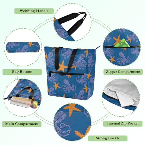 Octopus Starfish Tote Bag for Book Lovers Reusable Bags with Zipper Pocket for School Work Shopping3