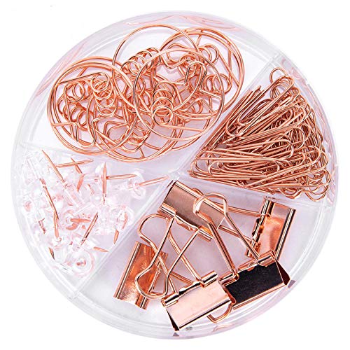 Rose Gold Binder Clips Paper Clips Push Pins Sets, Durable and Rustproof, Rose Gold Paper Clips Sets for Files, Papers, Office Supply, 150 pcs Total (Rose Gold)