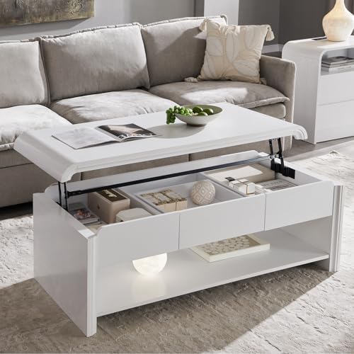 Aitjunz 47 Lift Top Coffee Table with Storage Modern Coffee Table with Pull-Out Drawer and Two-Tier Storage Rectangle Wood Center Table w/Curved Profile Design for Living Room White