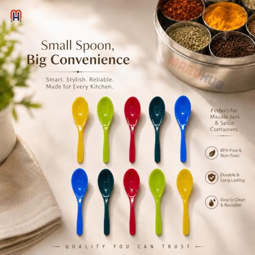 Image of MaruHub 10Pcs Mini Plastic Spoons for Masala Jar, Multicolor Reusable Kitchen Spice Condiment Scoops, Small Baby Food & Candy Spoon Set, Non-Toxic BPA-Free Spoons for Home & Cooking (8 x 2 cm)