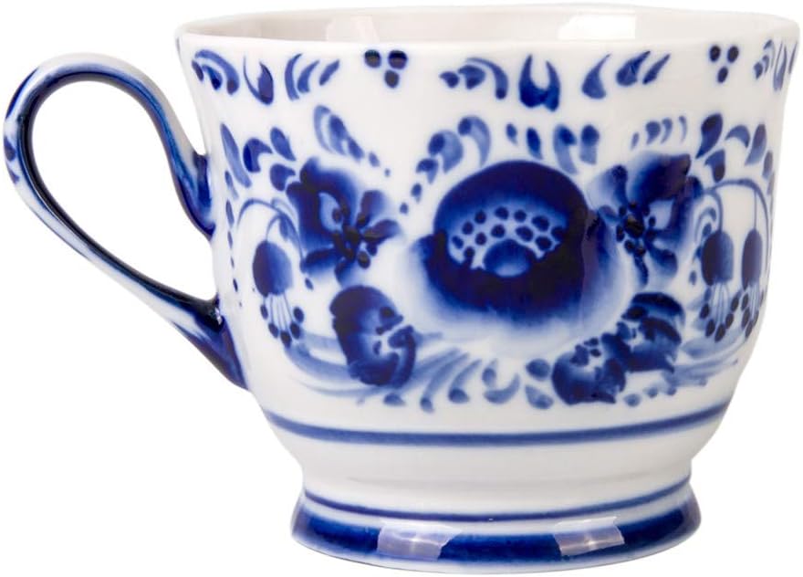 Gzhel Sparrow Teacup and Saucer Blue and White Porcelain