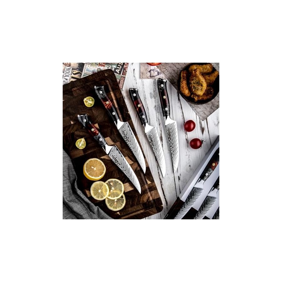 Inferuno 4-Piece Steak Knife Set – 67-Layer AUS-10 Damascus Steel – Red Epoxy Resin and Maple Wood Handles – Knife Japanese Inferuno, Japanese Inferuno Knife, Damascus Knife Set, Japanese Knife Set