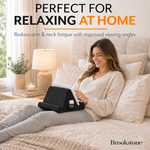 Image of Brookstone Tablet Lap Cushion - Tablet and Phone Holder for Bed, Flights, and Travel, Two Angled Memory Foam Lap Desk for Reading and Hands Free Viewing, Compatible iPad and Kindle Accessories, Black