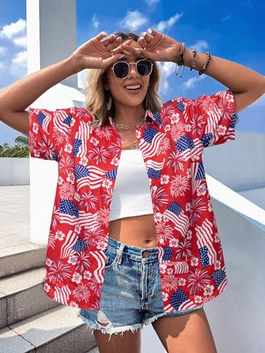 Image of ASTANFY Hawaiian Shirt Women Hawaii T-Shirt Tropical Floral Printed V Neck Shirts Soft Cool Summer Beach Button Up Blouse