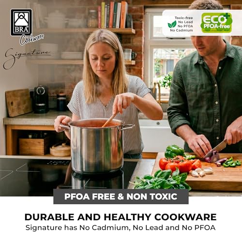 Image of BRA COOKWARE Signature Stainless Steel Stock Pot w /Glass Lid | 9.5 Inch 9 Quart Professional Grade Cooking Pot | PFOA Free Deep Pot | All Cooktops | All Cooktops (incl. Induction) & Oven Safe