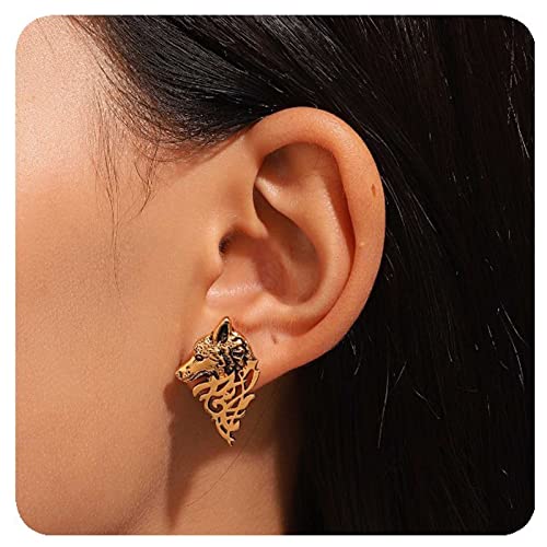 Allereya Pendientes cabeza lobo vintage Pendientes lobo punk Pendientes vikingo nórdico Pendientes tuerca cabeza lobo dorado Pendientes animal Halloween Joyas para mujeres y niñas (oro)