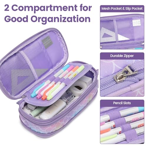 Image of Bagseri Pencil Case for Girls - Large Expandable Kids Pencil Pouch | Wide Opening Pencil Pouch Organizer for School Supplies, Cute Kids Pencil Case for Girls, Glitter Purple Mermaid