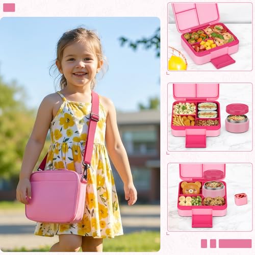 Image of WyfKyd Bento Lunch Box Set with Soup Thermo Food Container for Kids Adults | Bento Box Set with 9.5oz Soup Thermo Kids Leak-proof Lunch Box Container with Insulated Hot Food Jar and Bag for School Pink