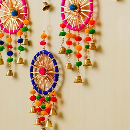 Image of Bindian Pom Pom Ring Bell Chakri Wall Hanging for Home Decor, Pack of 10 Door Hanging Decorative Items, Living Room Accent, Pooja Room Decoration Items, Ganpati, Navratri & Diwali Decor