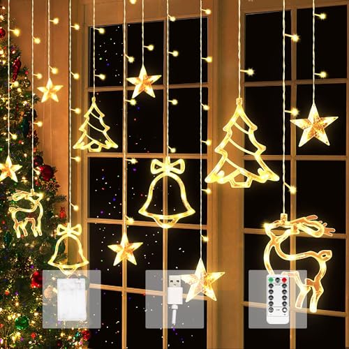 Aluusy Guirnalda de luces LED de 3,5M, con USB, con estrellas, Campanas, Renos, Árbol de Navidad, 8 Modos, Iluminación Navideña para Interior y Exterior para Ventanas, Halloween, Decoración infantil