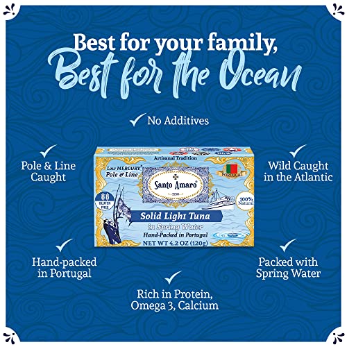 Image of Santo Amaro - Artisanal Wild Tuna Fish in Spring Water, Pole & Line Wild Caught Tuna from Portugal, Hand-Packed Canned Tuna, Solid Light Tuna, 24g Protein Keto, 90 Calories, Low Mercury, Pack of 6