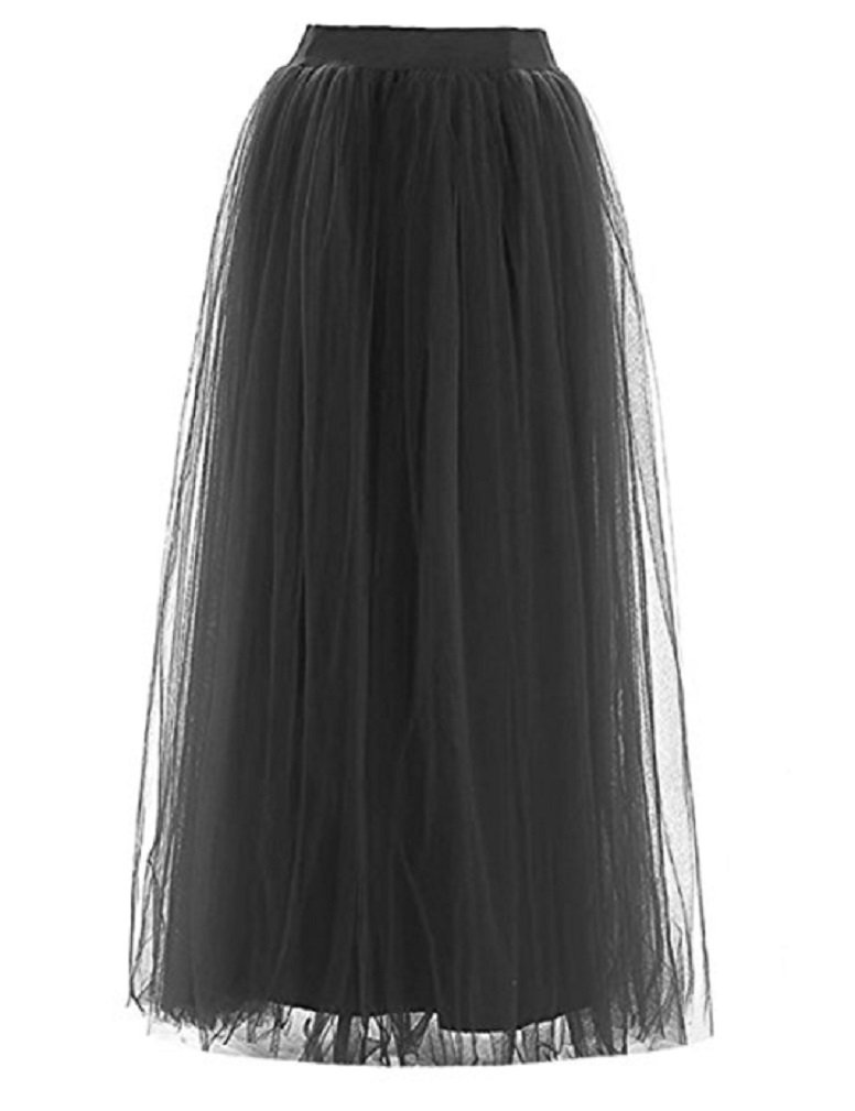 L&L® Women Girls 5 Layers Tutu Petticoat Long Skirt Rockabilly Tulle Goth Ballet Skirt (Black)