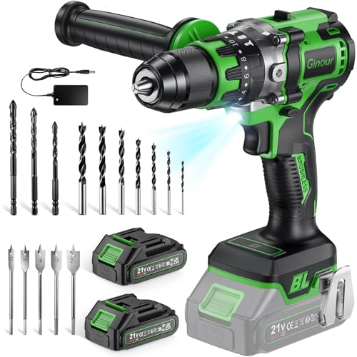 Ginour 21V Bürstenlos Akku Schlagbohrschrauber Set, 90 Nm, 2x2Ah 10C Akku, kompatibel mit Makita 18V Akku &Ladegerät, Schlagbohrfunktion, 22-tlg. Zubehör, 2-Gang, 20+3, 13mm Bohrmaschine Akkuschrauber