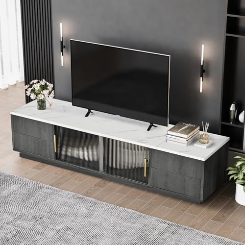 EURHCIO Meuble TV 160x40x38.5cm,Meuble Tele,Meubles Bas Rangement avec 4 Tiroirs,Plan de Travail à Motif Marbré,2 Portes Coulissantes Vitrées,pour...