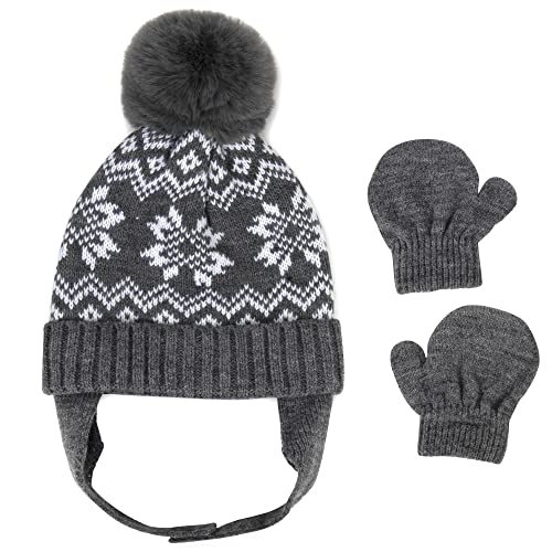 Image of Baby, Toddler Girl Boy Winter Trapper Hat with Chin Strap, Pom Pom Ears, and Mittens Set, 0-12 Months