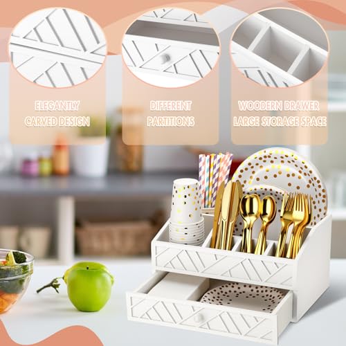 Marsui Paper Plate Dispenser, Wood Rustic Paper Plate Holder for Countertop with Drawer Silverware Utensil Caddy, Cutlery Flatware Organizer for Spoon Fork Napkins Kitchen Parties(White) by Marsui - Image 3