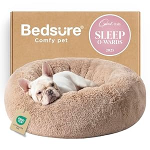 Bedsure Calming Dog Bed Medium Size Dog – Donut Washable Medium Pet Bed, 30 inches Anti-Slip Round Fluffy Plush Faux Fur Cat Bed, Fits up to 45 lbs Pets, Camel