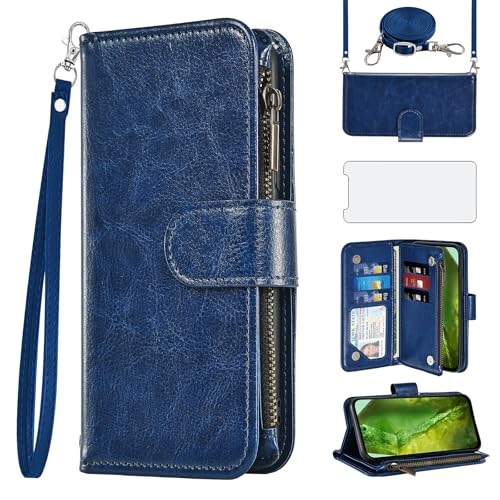 Housse Google Pixel 8A 5G bleu antichoc style portefeuille sangle ajustable