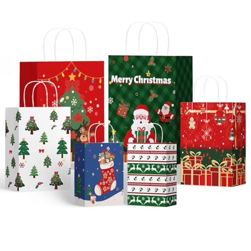 SUNEE Christmas Gift Bags Assorted Sizes and Designs, 24pcs Christmas Paper Gift Bag with Tissue...