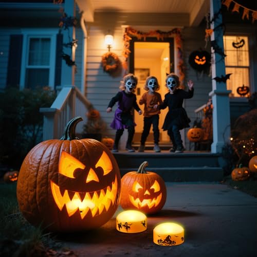 Image of 4 Pack Halloween LED Pumpkin Lights with Remote Control and Timer, Battery Operated Flameless Flickering Jack-o'-Lantern, Outdoor Electric Orange Candle Light for Halloween Pumpkins Decorations