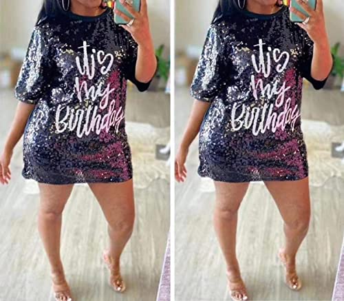 Women's Sequin T Shirt Dress Birthday Queen with Heart Glitter Sparkly Letter Print Party Club Outfits Mini Dress3