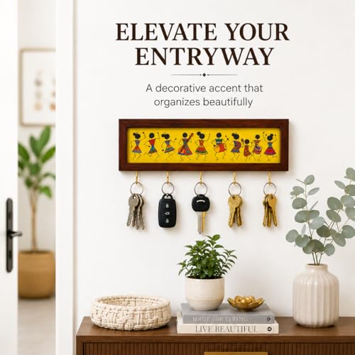 Image of Elephant Metal Key Hanger Without Drill| |Wall-Mounted Key Rack with 7 Hooks | Home Decor Organizer | Stylish Keychain Holder for Home & Office |No Drilling (Warli Art Key Holder)