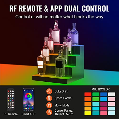 Image of VEVOR LED Lighted Liquor Bottle Display, 4 Tiers 16 Inches, Supports USB, Illuminated Home Bar Shelf with RF Remote & App Control 7 Static Colors 1-4 H Timing, Acrylic Lighted Shelf for 16 Bottles